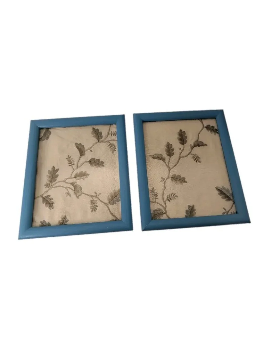 Vintage Embroidered Fabric Art Set 1980s Curtain Framed Botanical Blue Frames